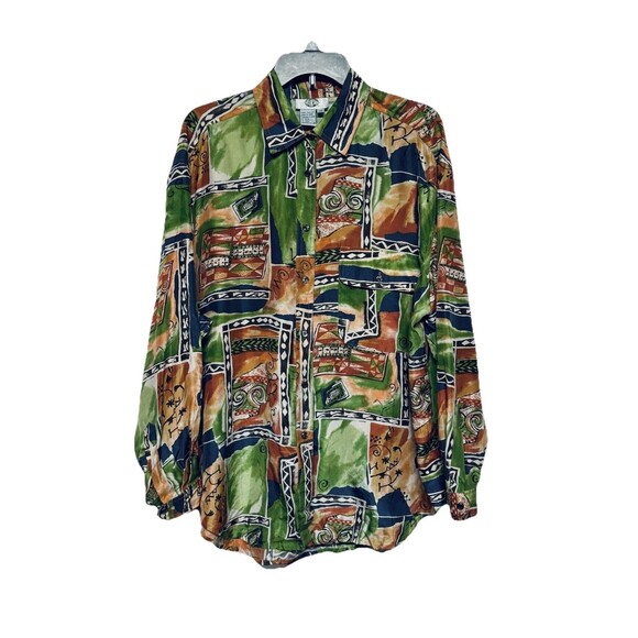 VTG Silk's Brand 100% Silk Long Sleeve Blouse Geometric Design Earth Tones 1X - Picture 1 of 5
